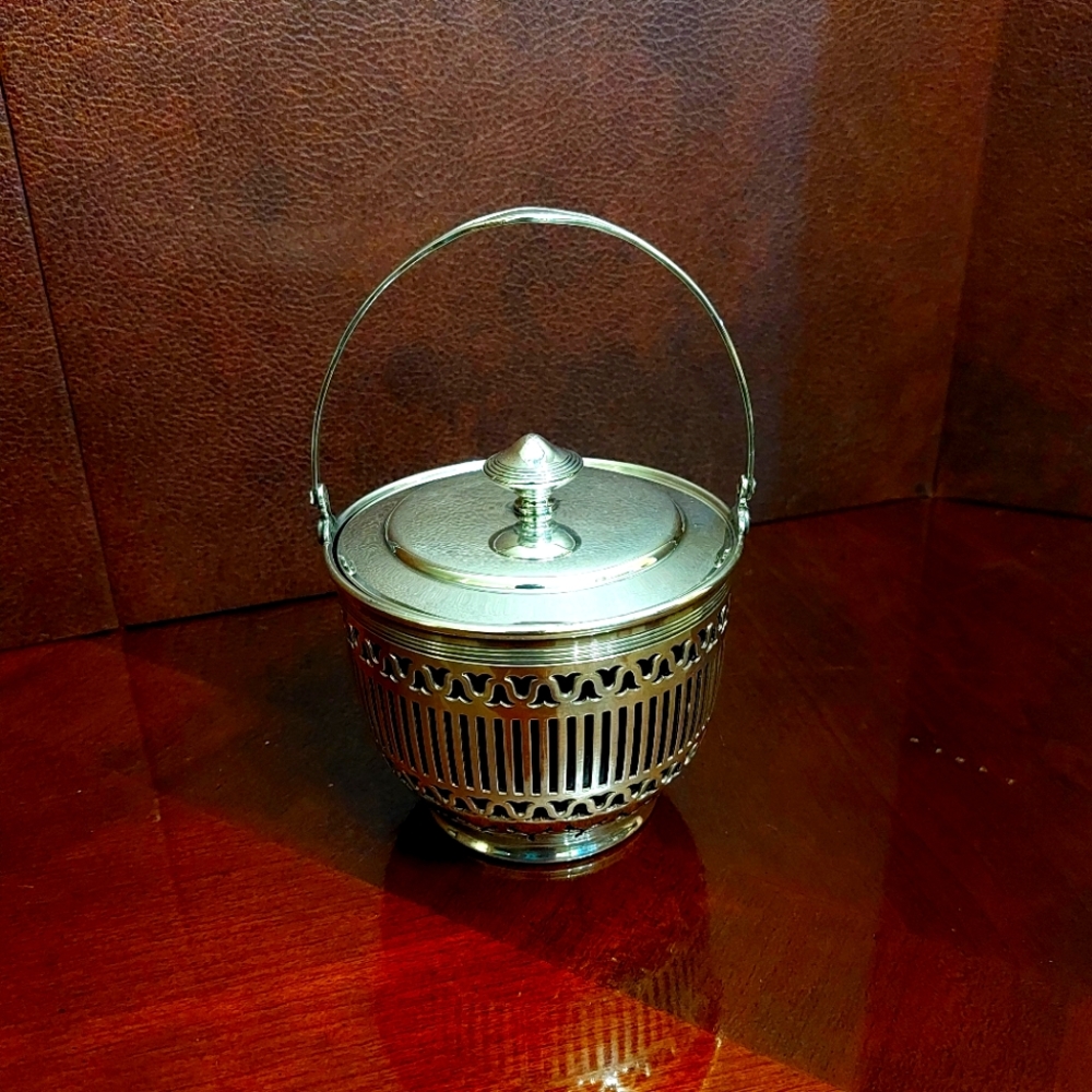 Reed & Barton Sugar Basket w/ Cobalt Blue Glass Insert and Lid